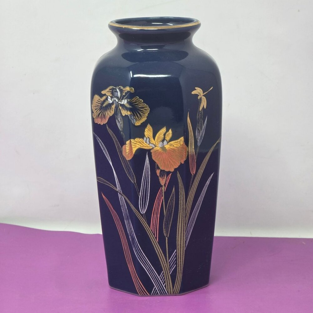 Vintage Japanese Blue Fine China Vase With Gold & Orange Floral Design Octagonal
